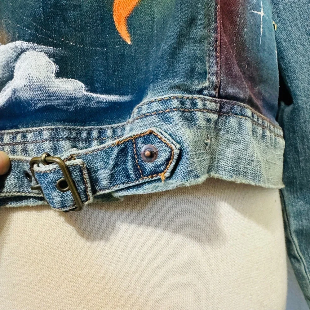 Upcycled Venezia Denim Jacket Hand Painted Taurus‎ Sun Moon Celestial Art 18-20